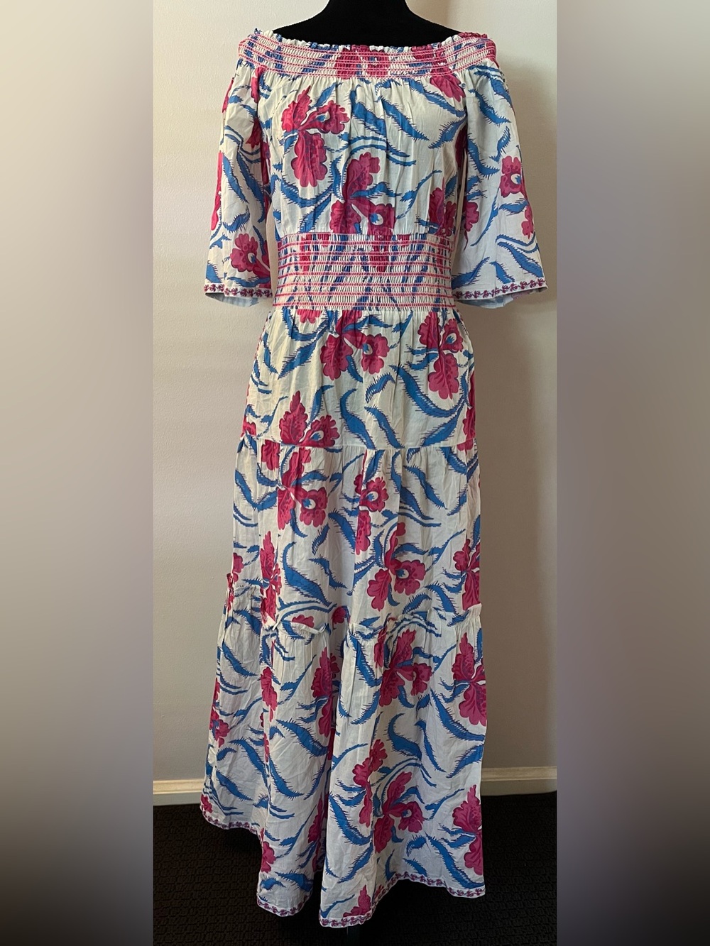 Nimo with Love Maxi Dress, size M, smocked, bold floral, organic cotton